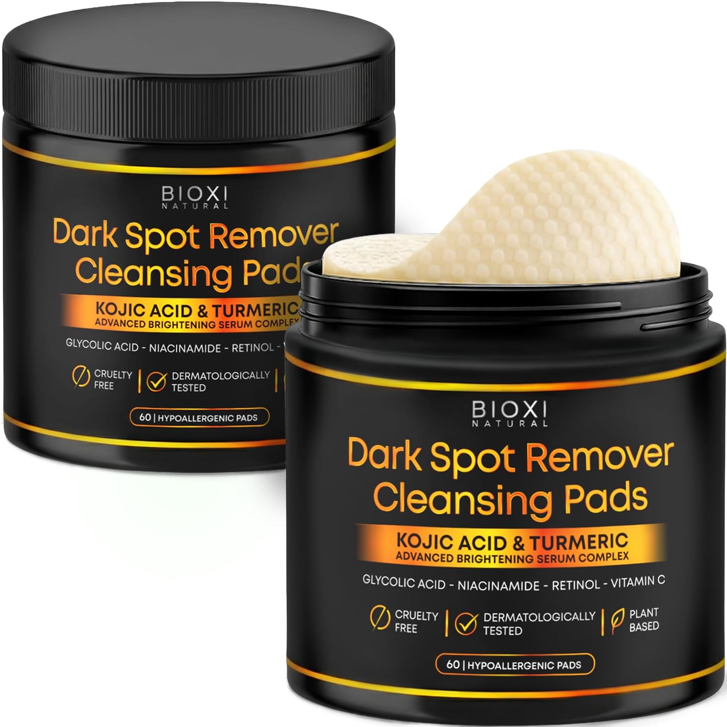 Dark Spot Remover Cleansing Pads with Kojic Acid & Turmeric - Advanced Korean Brightening Serum Complex with Glycolic Acid. Niacinamide. Retinol & Vitamin C for Face & Body - 60 Hypoallergenic Pads