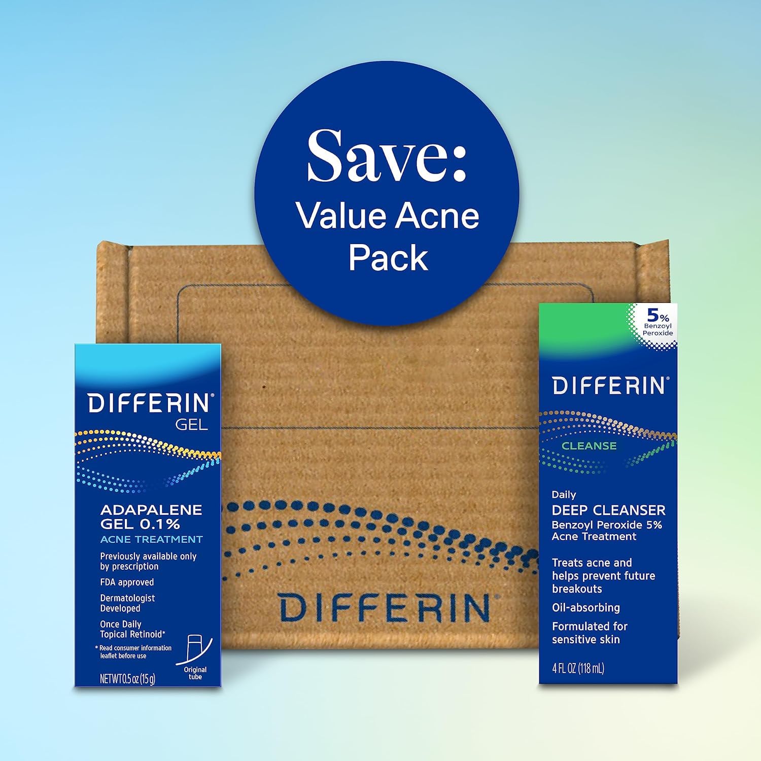 Acne Skin Care Kit. Differin Gel Retinoid Acne Treatment for Face with 0.1% Adapalene & 5% Benzoyl Peroxide Face Wash & Body Wash. Designed for Pimple and Acne Prone Skin