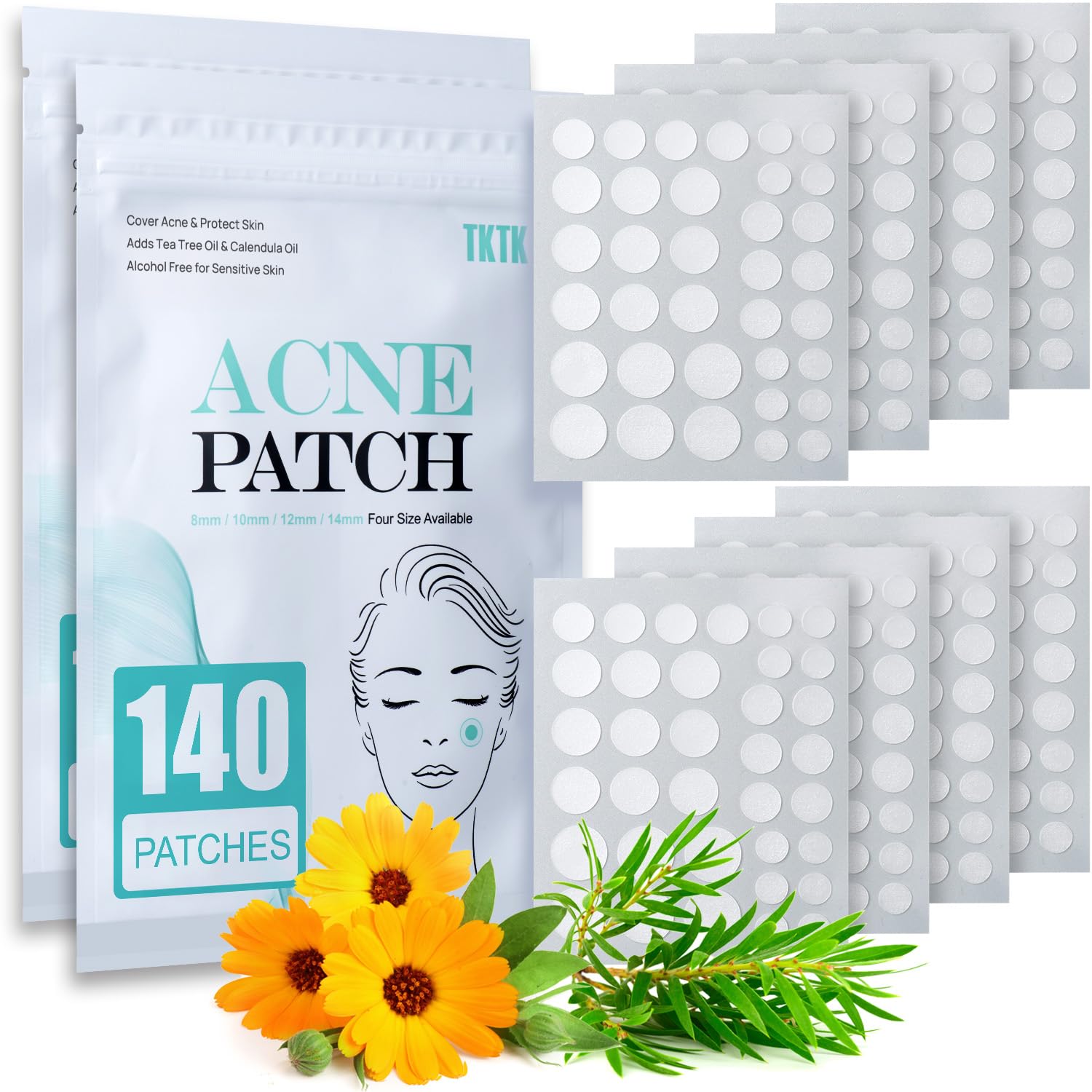 TKTK Pimple Patch Acne Patch. 4 Sizes 140 Patches Acne Absorbing Cover Patch. Hydrocolloid Invisible Acne Patches for Face Zit Patch Acne Dots Tea Tree. Calendula Oil