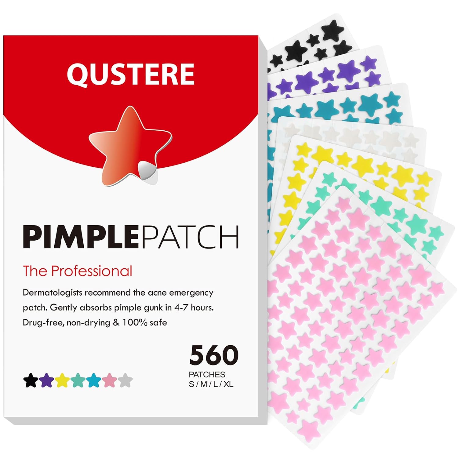 QUSTERE Pimple Patches for Face. Hydrocolloid Acne Patches. Cute Star Zit Covers. Colorful Spot Stickers with Tea Tree. Salicylic Acid & Cica Oil| 3 Sizes (10mm. 12mm & 14mm)