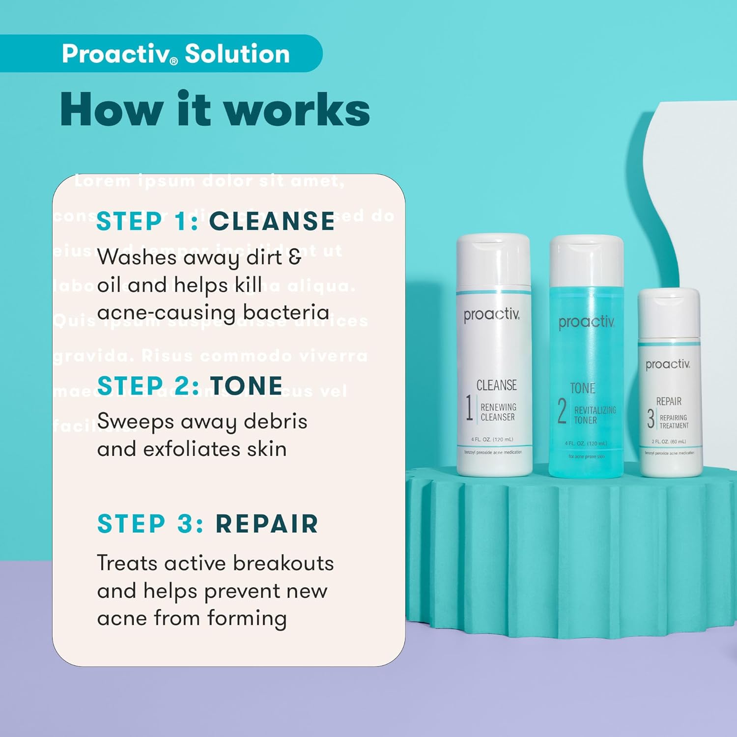 Proactiv 3 Step Acne Treatment - Benzoyl Peroxide Face Wash. Repairing Acne Spot Treatment for Face And Body. Exfoliating Toner - 60 Day Complete Acne Skin Care Kit