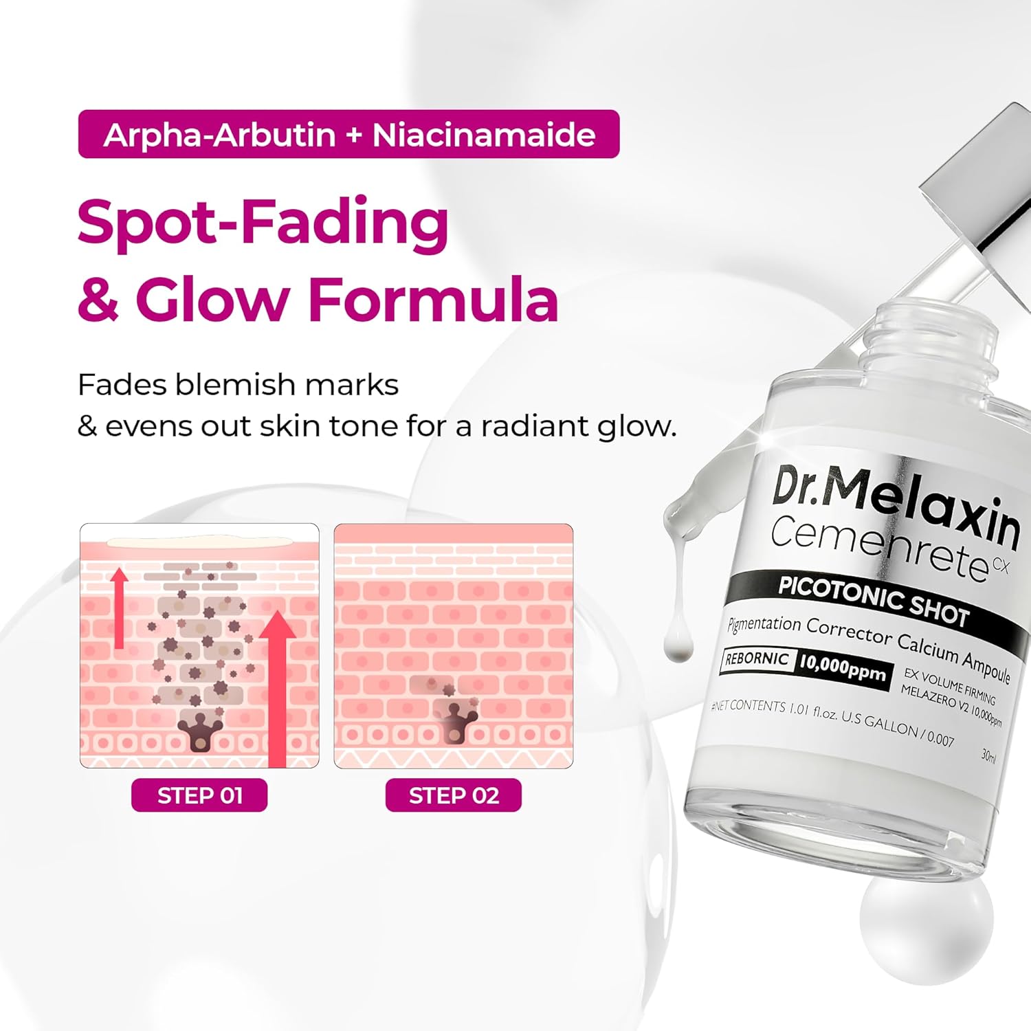Dr.Melaxin Picotonic Shot Serum 1.01 fl.oz - Alpha-Arbutin and Niacinamide Dark Spot Corrector Serum. Pigmentation Corrector for Uneven Skin Tone. Blemish Marks. K-Beauty Face Serum : Beauty & Personal Care
