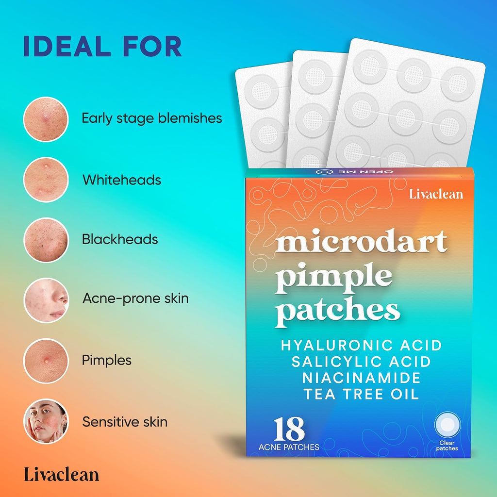 LivaClean 18 CT Microdart Acne Patch – Pimple Patches with Salicylic Acid & Tea Tree Oil – Dark Spot Patches for Face. Blemish Dots. Deep Pimple Patch. Salicylic and Hyaluronic Acid