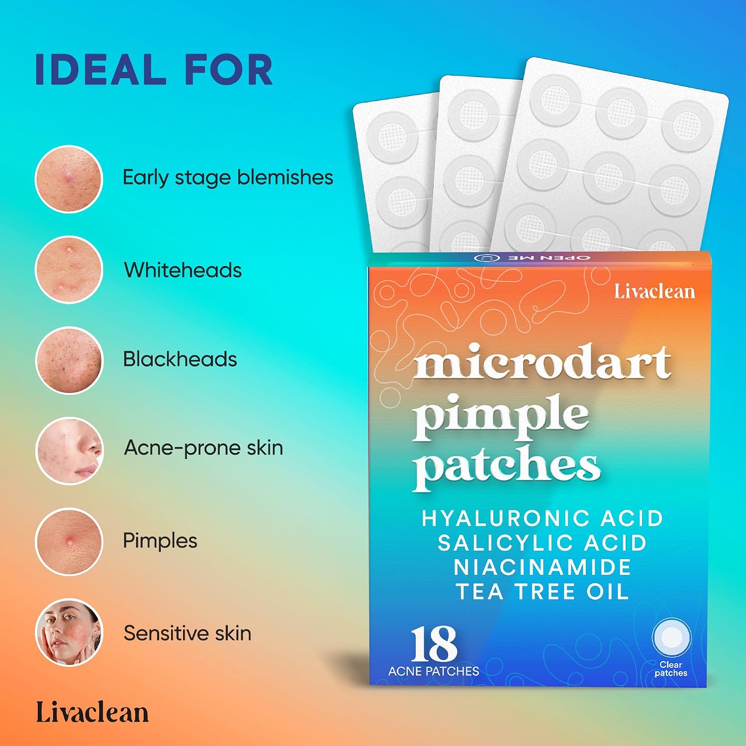 LivaClean 18 CT Microdart Acne Patch – Pimple Patches with Salicylic Acid & Tea Tree Oil – Dark Spot Patches for Face. Blemish Dots. Deep Pimple Patch. Salicylic and Hyaluronic Acid