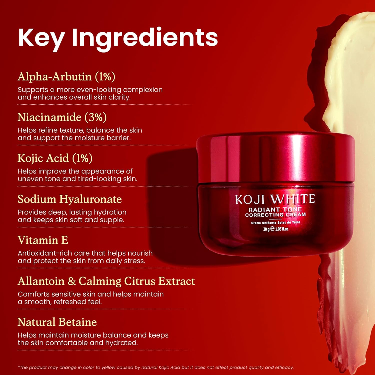 Koji White 1% Kojic Acid Cream | Face Moisturizer Radiant Tone Correcting Cream with 1% Alpha-Arbutin. 3% Niacinamide & Hyaluronic Acid for All Skin Types. Unscented. Vegan Skincare. 1.05 FL Oz