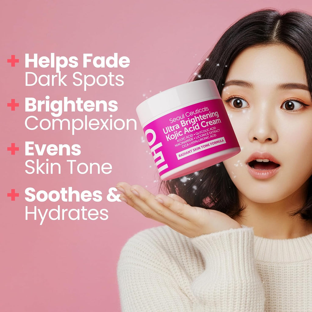 SeoulCeuticals Korean Kojic Acid Cream Dark Spot Remover - Also Contains Glycolic Acid. Niacinamide. Licorice Extract. Cica. Hyaluronic Acid 2oz : Beauty & Personal Care
