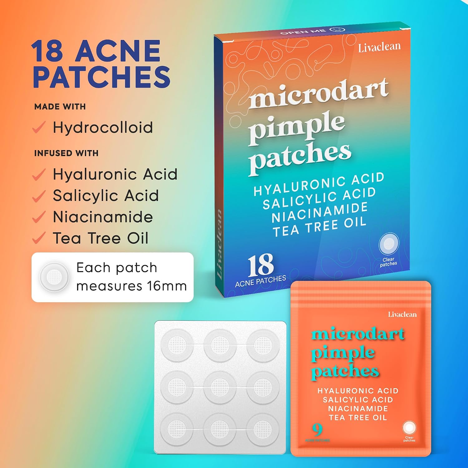 LivaClean 18 CT Microdart Acne Patch – Pimple Patches with Salicylic Acid & Tea Tree Oil – Dark Spot Patches for Face. Blemish Dots. Deep Pimple Patch. Salicylic and Hyaluronic Acid