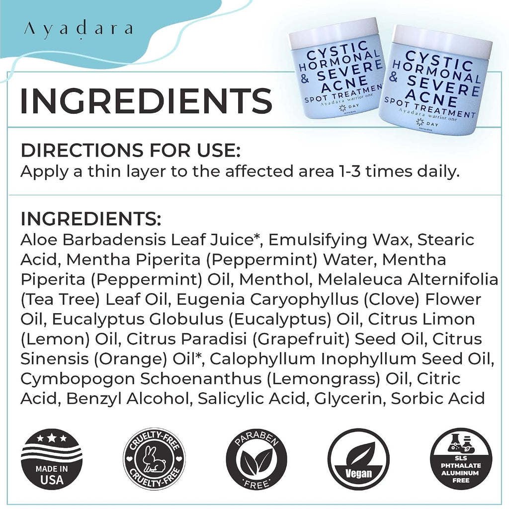 Ayadara Warrior One (0.5oz) Acne Spot Cream with 2% Salicylic Acid. Cystic and Hormonal Acne Cream. Acido Salicilico Acne Spot Care for Face. acne Cream for Adults and Teens. 150+ Uses