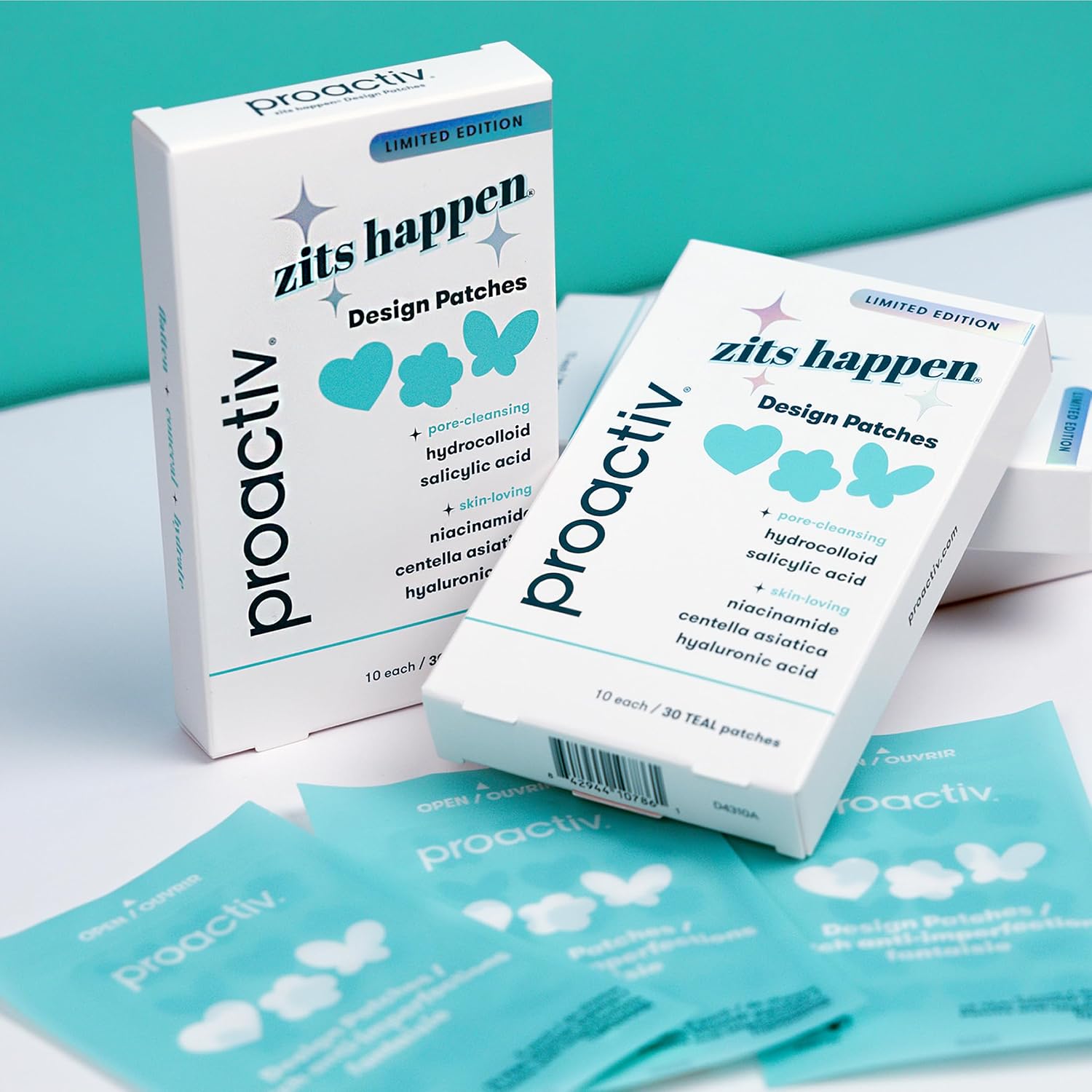 Proactiv Zits Happen Design Acne Patches. Hydrocolloid Spot Treatment with Salicylic Acid. Heart. Flower & Butterfly Shapes. Dermatologist-Developed. 30-Count