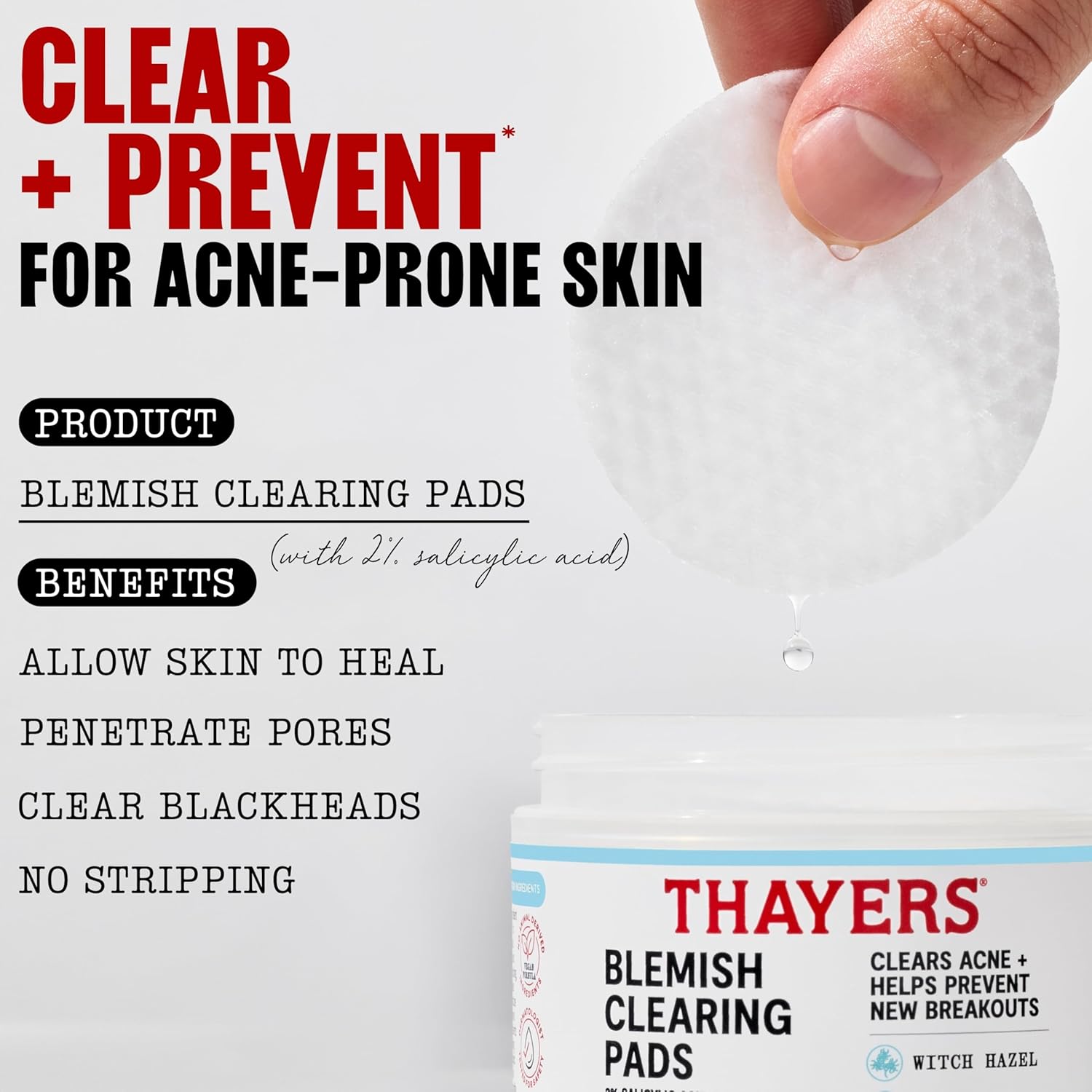 Thayers Blemish Clearing Acne Pads. Salicylic Acid Acne Treatment for Face. Pore Reducing. Exfoliating. and Soothing Skincare. Witch Hazel Toner Pads. 60 Ct
