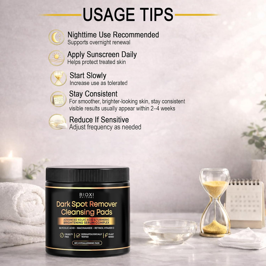Dark Spot Remover Cleansing Pads with Kojic Acid & Turmeric - Advanced Korean Brightening Serum Complex with Glycolic Acid. Niacinamide. Retinol & Vitamin C for Face & Body - 60 Hypoallergenic Pads