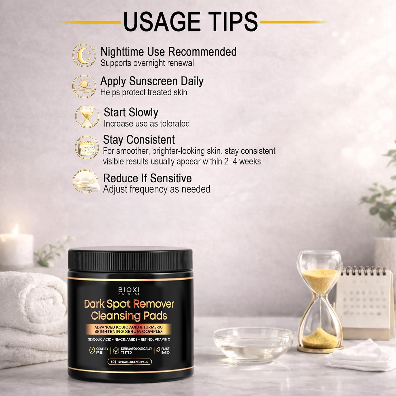 Dark Spot Remover Cleansing Pads with Kojic Acid & Turmeric - Advanced Korean Brightening Serum Complex with Glycolic Acid. Niacinamide. Retinol & Vitamin C for Face & Body - 60 Hypoallergenic Pads