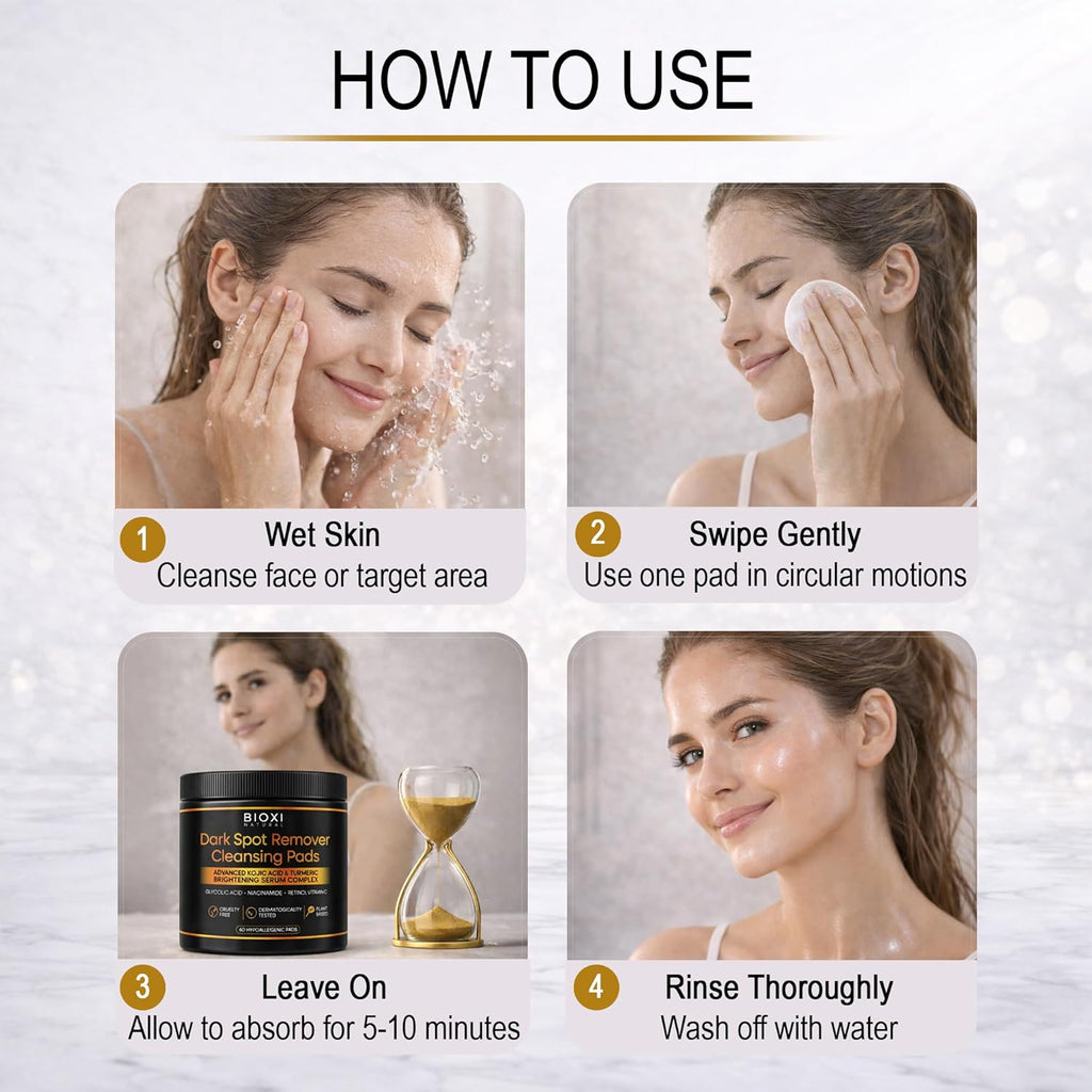 Dark Spot Remover Cleansing Pads with Kojic Acid & Turmeric - Advanced Korean Brightening Serum Complex with Glycolic Acid. Niacinamide. Retinol & Vitamin C for Face & Body - 60 Hypoallergenic Pads