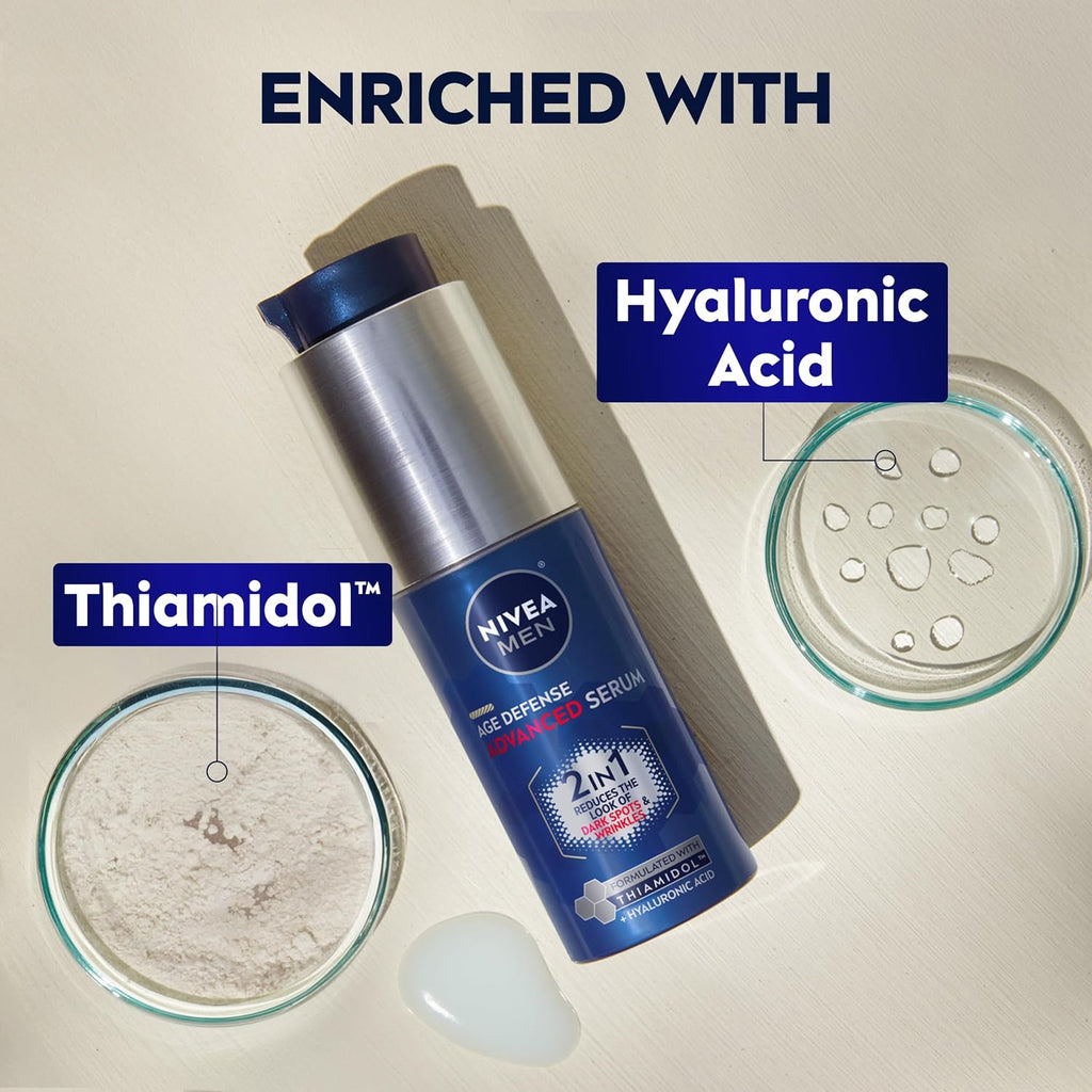 MEN Age Defense Advanced Face Serum for Dark Spots with Thiamidol (TM) + Hyaluronic Acid. Fast-Absorbing Face Serum for Men Helps Reduce Look of Dark Spots. Fine Lines & Wrinkles. 1 Fl Oz Bottle : Beauty & Personal Care