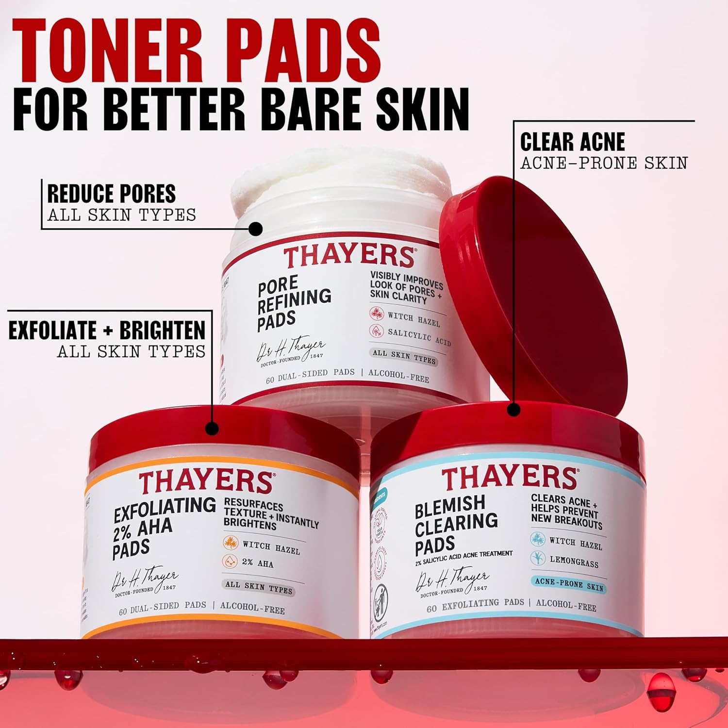 Thayers Blemish Clearing Acne Pads. Salicylic Acid Acne Treatment for Face. Pore Reducing. Exfoliating. and Soothing Skincare. Witch Hazel Toner Pads. 60 Ct
