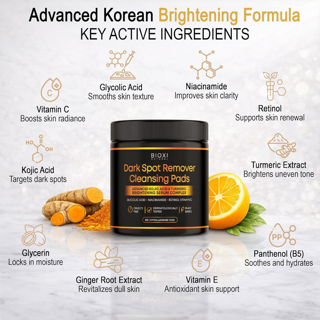 Dark Spot Remover Cleansing Pads with Kojic Acid & Turmeric - Advanced Korean Brightening Serum Complex with Glycolic Acid. Niacinamide. Retinol & Vitamin C for Face & Body - 60 Hypoallergenic Pads