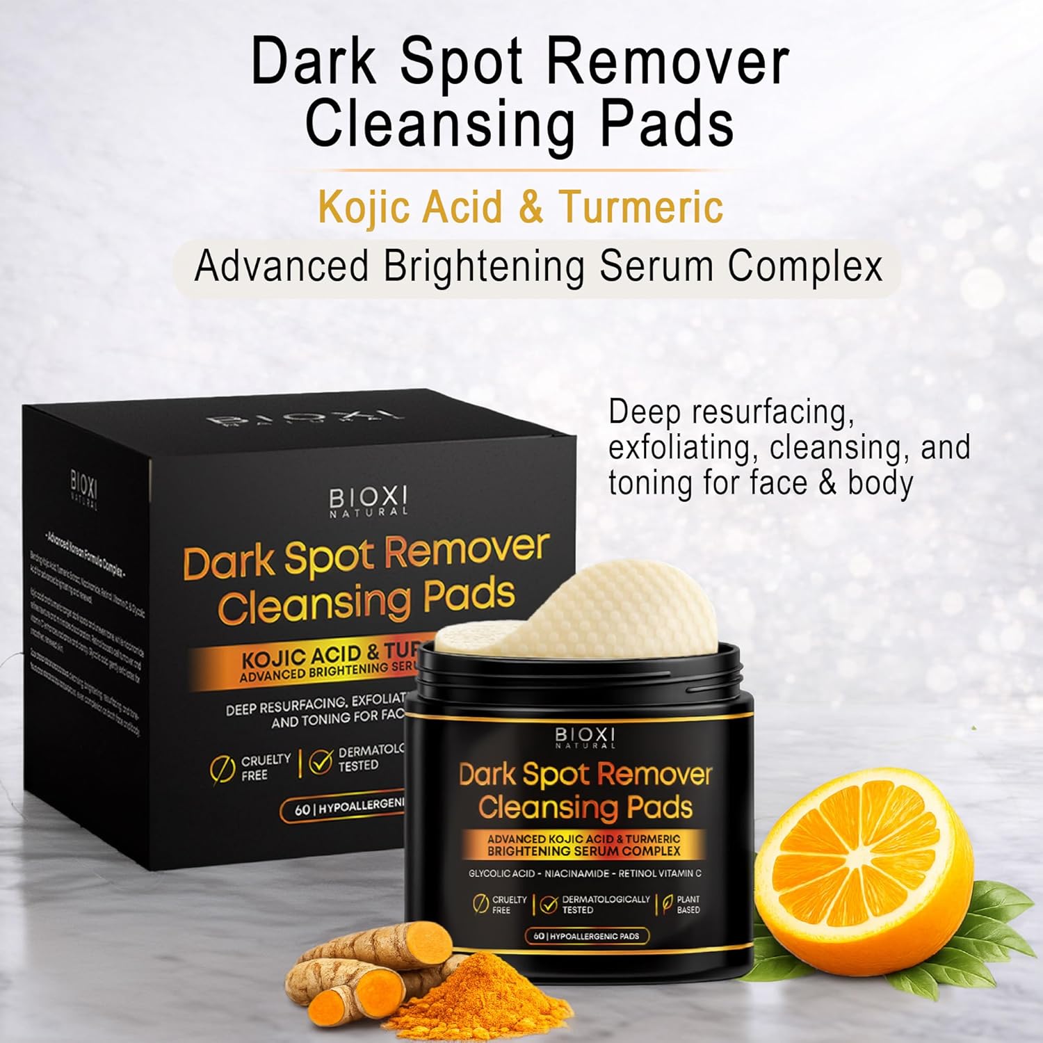 Dark Spot Remover Cleansing Pads with Kojic Acid & Turmeric - Advanced Korean Brightening Serum Complex with Glycolic Acid. Niacinamide. Retinol & Vitamin C for Face & Body - 60 Hypoallergenic Pads