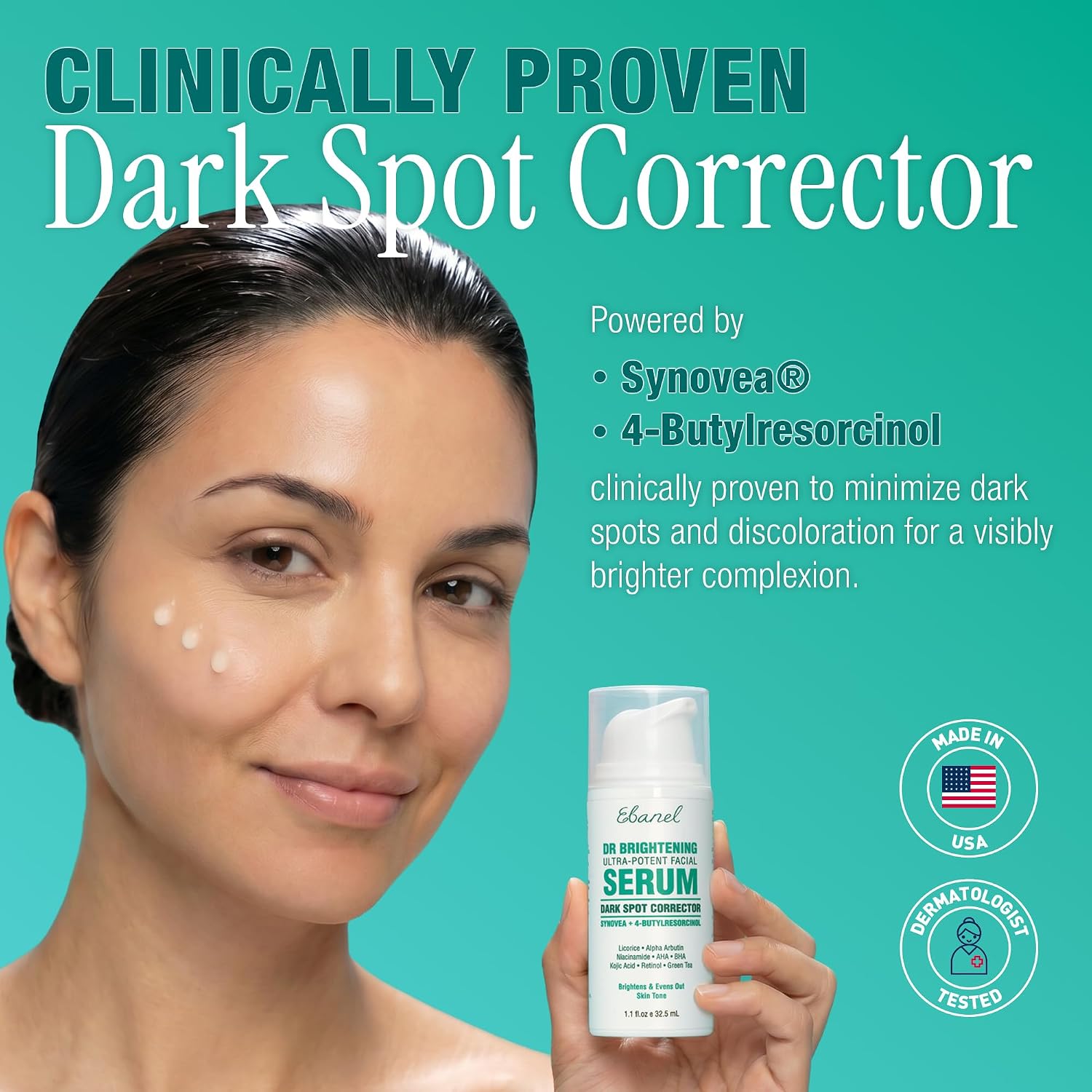 Ebanel Dark Spot Remover for Face & Body. Brightening Serum with Synovea HR. Alpha Arbutin. Niacinamide. Kojic Acid. Dark Spot Corrector for Hyperpigmentation. Discoloration. Melasma and Age Spots