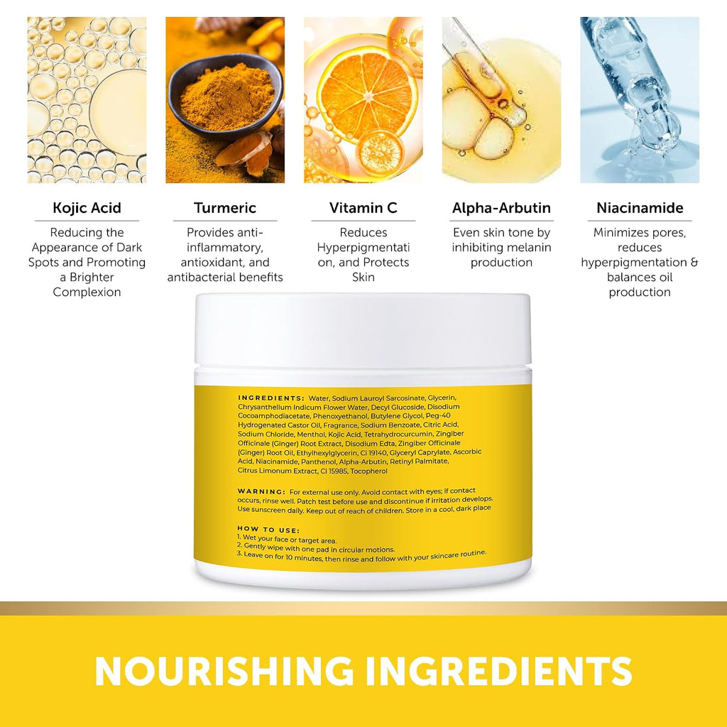Turmeric Kojic Acid Cleansing Pads - Exfoliating Dark Spot Remover for Face with Vitamin C. Alpha Arbutin. Niacinamide and Retinol - Kojic Acid And Turmeric Cleansing Pads - 60 Units : Beauty & Personal Care