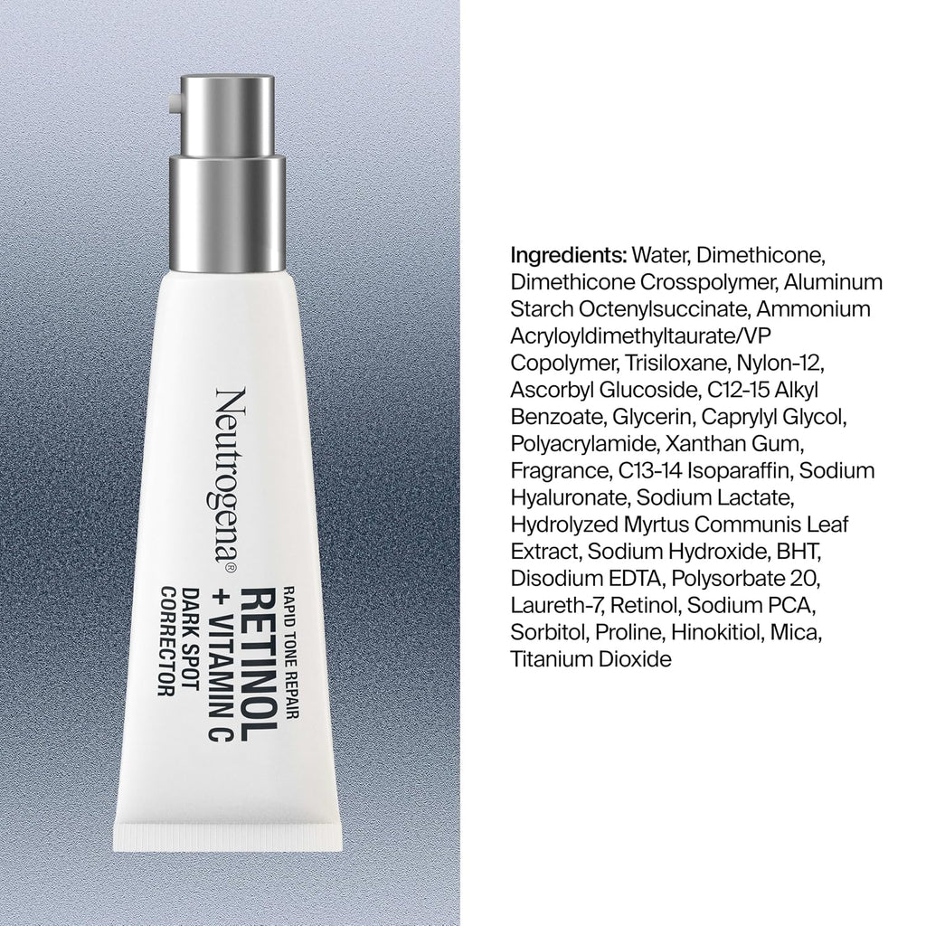 Neutrogena Rapid Tone Repair Retinol + Vitamin C Dark Spot Corrector for Face Daily Anti-Aging Serum Brightens and Evens Tone. Mineral Oil and Dye Free. 1 fl oz