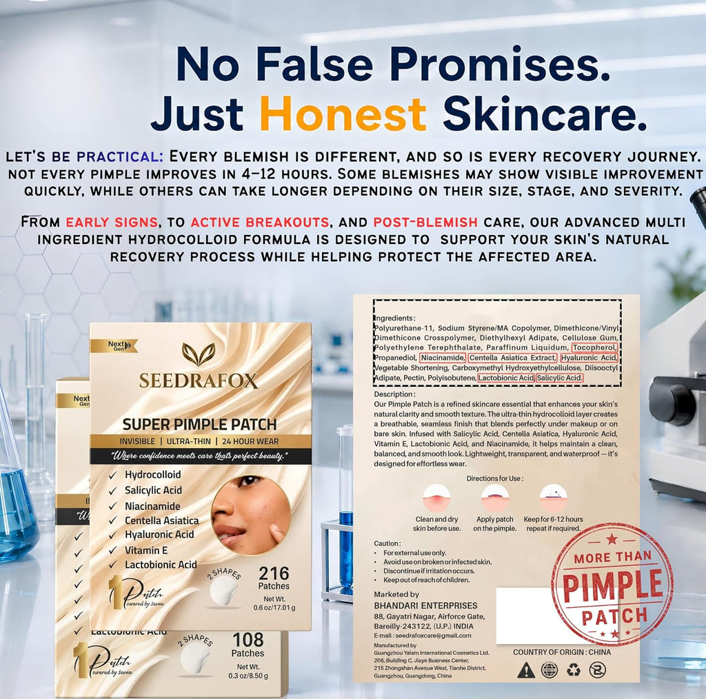 SEEDRAFOX Super Pimple Patch for Acne & Pimples | Hydrocolloid Acne Patch with Salicylic Acid & Niacinamide | Invisible Pimple Spot Patch | Ultra Thin Invisible Patches for Face | 108 Patches : Beauty & Personal Care